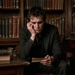 night portrait of a neurotic british man ( ( ( vampire ) ) ) feeling confidant in a grungy library f / 1. 4 hdr