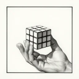 MC Escher drawing of a hand holding a Rubix cube