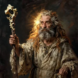 a necromancer with a staff casts a spell that reveals the secret of life the universe and everything, dirty linen robes, staff of bones, grizzled bearded withered man by jessica rossier and hr giger