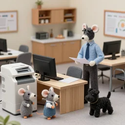 an accounting firm staffed by different types of hyper-realistic felted toy mice, with a xerox machine, computers, kitchenette and conferenceroom, with a small black woolly terrier dog as the manager