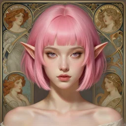 portrait of a beautiful half elf girl with short pink layered bob haircut, intricate, elegant, highly detailed, digital painting, artstation, concept art, smooth, sharp focus, illustration, art by artgerm and greg rutkowski and alphonse mucha and uang guangjian and gil elvgren and sachin teng and wlop, symmetry