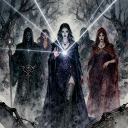 the night of the 5 murderous sorcerers, pinterest, artstation trending, behance, watercolor, by coby whitmore, silver, laser light,