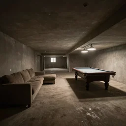 photograph of a new finished basement of a middle class home with a couch and a pool table, empty, dark corners, massive long twisting hallways, creepy, void