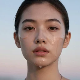 melted perfect face, dripping skin, melting, dawn