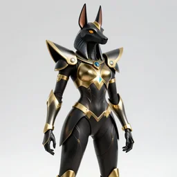 woman wearing a black and gold cybertech anubis armor. angular, pointy, anime, hidari, blue neon lights, color page, tankoban, 4 k, tone mapping, akihiko yoshida.