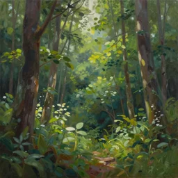 a painting of lush forest in the sunlight, acrylic painting, very detailed, mellow, 4 k, trending on artstation