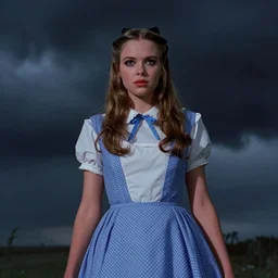 the image is a lost film still 1 9 9 0 s in this image, we see american mcgee's version of dorothy from the wizard of oz. mcgee's dorothy is much darker and edgier than the original character, and she looks like she's ready to take on the wicked witch of the west. the background is a dark, stormy sky, which adds to the sinister feel of the image, vibrant cinematography, anamorphic lenses, crisp, detailed image in 4 k resolution.