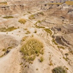 aerial overhead shot of beautiful badlands dirt with tuftgrass in a vector art style
