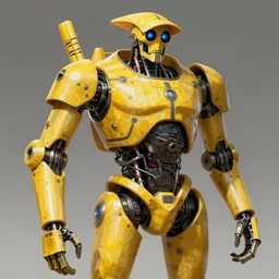 human-sized strong intricate yellow pit droid, pancake flattened head, exposed metal bones, painterly humanoid mecha, by Greg Rutkowski