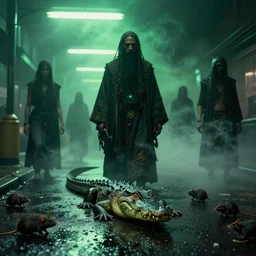 voodoo people film clip by the prodigy, cyberpunk, dark magic, green whispy fog, street scene, fluorescent street lights, dirty rats, hdr, alligator shaman, faint feeling of doom, wet asphalt, reflected light, detailed render, gloomy, ray traced reflections, trending on deviantart, dlss