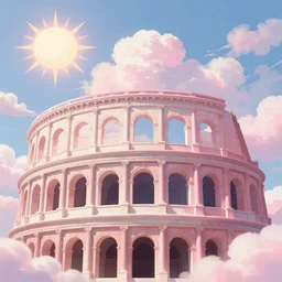 heaven pink, bright punk, punk rock, lots of roman arches, sun, joy, clouds, sky, volumetric light, detailed, romanticism, pastel drawing, big size