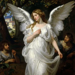 beautiful renaissance painting of a angel woman clothed in white lace linen in a dense forest roman town in the background by frank frazetta, charlie bowater, magali villeneuve, j. c. leyendecker, ultra realistic, 4 k,