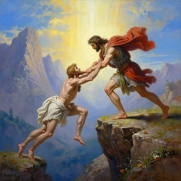 an amazing realistic painting of cain pushing abel from the edge of a cliff with a divine light in the sky, majestic mountains in the background, painting by jeremy lipkin, highly detailed, beautiful art, smooth, elegant, intricate, vibrant, colorful
