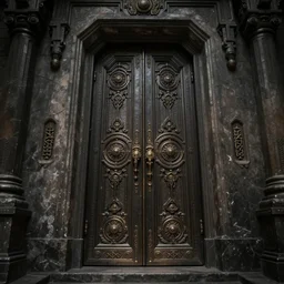huge sci - fi door with medieval ornaments front of a man, sci - fi art, concept art, dark moody colors, 8 k detailed digital art, octane