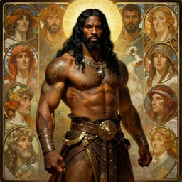 muscular old, wise african warrior in knight armor, with many tattoos, an long black hair, fantasy, art by joseph leyendecker, peter mohrbacher, ruan jia, finnian macmanus, marc simonetti, dean cornwell, ayami kojima, vasnetsov, cedric peyravernay, alphonse mucha