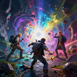 a 3 rd person action video game about breaking through the dimensional barrier of our universe, chromatic colors, wacky style, irreverent characters, hyperrealistic, octane render, dynamic lighting, intricate detail, trending on artstation