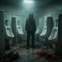 public men's restroom with 5 0 0 urinals, dim lighting, scary, creepy, zombies on floor, blood, dream like, foggy, 8 k, 1 5 0 mp,