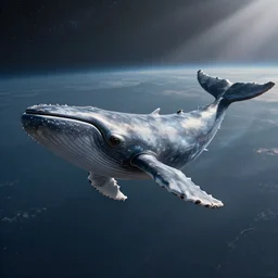 a futuristic concept starship in the shape of a whale flying through space. Photograph from sci-fi blockbuster film.