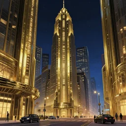 Main street in a great art deco city at night, anime, streamline moderne, dieselpunk, shiny brass, skyscrapers, a sci-fi digital painting by Greg Rutkowski and James Gurney, trending on Artstation, highly detailed