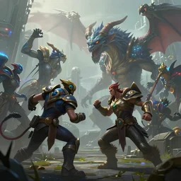 hyperrealism fantasy creatures fight scene with characters from league of legends portrait, digital art, wallpaper of an fantasy fight, background of sci fi city in fog, diffused lighting, 8 k dop hdr, unscaled