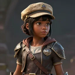 An epic fantasy comic book style portrait painting of a young dark skinned girl with short hair wearing fantasy clothes dressed as a boy and wearing paperboy cap, unreal 5, DAZ, hyperrealistic, octane render, cosplay, RPG portrait, dynamic lighting