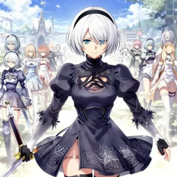 2B from Nier automata in the style of Shōjo Shūmatsu Ryokō (girl's last tour) Tsukumizu, pixiv, pinterest anime, art by Steve Hanks, art by Alyssa Monks, endless summer art, realistic, wide focus, 8k ultra, insanely detailed, intricate, elegant, art by Laurie Lipton, digital art by James Clyne, art by Steve Hanks