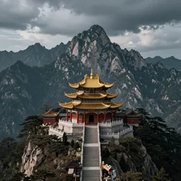 mystical warlock temple on the mountain landscape photographed by ansel adams, 8k