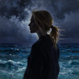 silhouette of a Elle Fanning gazing at the stormy ocean, extremely detailed masterpiece, oil on canvas, low-key neon lighting, Blade Runner 2049, Roger Deakin’s cinematography, artstation, by J. C. Leyendecker and Peter Paul Rubens,