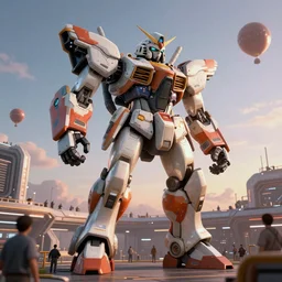 a beautiful hyperrealistic ultradetailed 3 d render of a gigantic mecha guarding a sci - fi spaceport, by bastien grivet : 3, mech, unreal engine, octane render, gigantic, unreal engine, octane render, 3 d, brilliantly coloured, intricate, ultra wide angle, trending on artstation, dusk, volumetric lighting, hdr, polished, micro details, ray tracing, 8 k : 2, people, sphere, balloon, blurry, blur, depth of field, dof, bokeh, obscured, macro : - 1