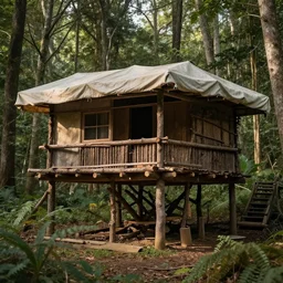 A forest hut covered with cloth, built with many floors and many sticks. :: Earth tones, hyper realistic, beautiful light, volumetric light