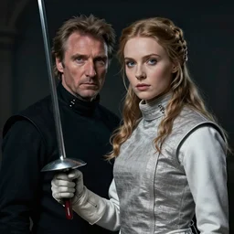 eowyn fencing with liam neeson, digital portrait by greg rutkowski, intricate, sharp focus, cinematic, epic, artstation