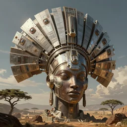 a large sci fi african headdress constructed from sci final plastic panels, concept art, high detail, digital painting, illustration, octane render, unreal engine