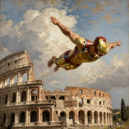 hellenistic greece painting of old - fashioned - ironman flying across the coliseum