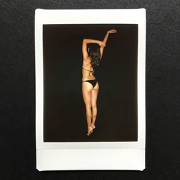 photo from behind of a woman in a bikini posing for a picture, a polaroid photo by michelangelo, instagram model, arabesque, hd, black background, sensual