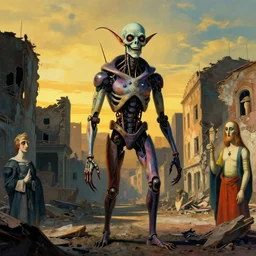 cybernetic ghoul in a ruined city, bold colours, atmospheric, surrealist, golden hour, highly detailed, dramatic lighting, moody, by dali and moebius and picasso and corben and giorgio de chirico and el greco and munch