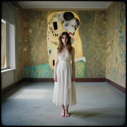 beautiful girl in an empty room, daguerreotype by segantini, by Edward hopper, by Klimt, art noveau, highly detailed, strong lights, liminal, eerie, Bright pastel colors, octane render, 8k