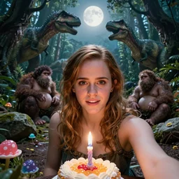 photo, hairy fat cave people, emma!! watson!!, looking at camera, surrounded by dinosaurs!, gigantic forest trees, sitting on rocks, bright moon, birthday cake on the ground, front close - up view of her face, selfie, jelly monster