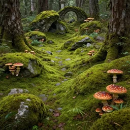 moss landscape, lush, mushrooms, stones, ancient forest, intricate, hyper detailed, artstation, concept art, smooth, sharp focus, ray tracing, vibrant, photorealistic, albert bierstadt