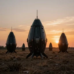 a field of techno - biological innovative survival pods at sunset, generative design structure, biopunk, black and orange colour palette, high _ detail, photorealism