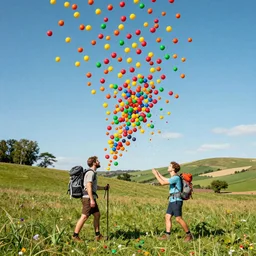 hyperpop art of a bucolic landscape with two hikers shattering into millions of brightly coloured Smarties towards the heavens