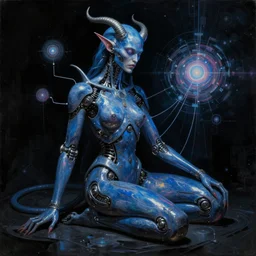 neoclassicist renaissance wide angle portrait of single blue demon seated, cyber body shiny metal implants interface connected with singularity. iridescent textures. black background. highly detailed fantasy science fiction painting by chris cunningham and mikhail vrubel. dark and volumetric. trending on artstation