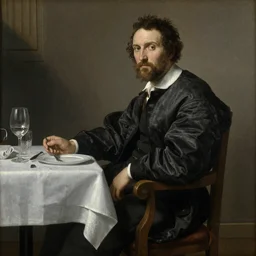 drake sitting in a restaurant, by leonardo cremonini