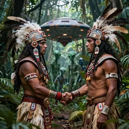 aztecs shake hands with aliens in jungle with spaceship. highres. feathers. noir.
