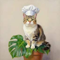 palette knife oil painting of a cat wearing a chefs hat sitting on a monstera plant