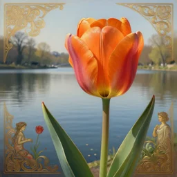orange Tulip with a lake view, intricate, highly detailed, digital painting, artstation, concept art, smooth, sharp focus, illustration, Unreal Engine 5, 8K, art by artgerm and greg rutkowski and alphonse mucha
