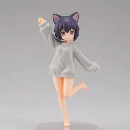still figurine of catgirl wearing a comfy sweater, personification, dynamic pose, detailed product photo, featured on amiami, 8 k, 8 5 mm, f. 1 4, beautiful composition,