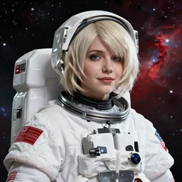highly detailed portrait of a hopeful pretty astronaut lady with a wavy blonde hair, by Bruce Timm, 4k resolution, nier:automata inspired, bravely default inspired, vibrant but dreary but upflifting red, black and white color scheme!!! ((Space nebula background))