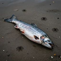 decaying salmon on the beach, spiders, by beksinski, dark vibes, 4 k, ultra realistic, highly detailed.