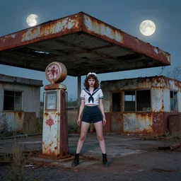 an abandoned crumbling rusted gas station in wasteland, captured by pinup girl, cinematic lighting, moonlight, soft color, matte painting, horror, disgusting, game art, stranger things, by simon stalenhag