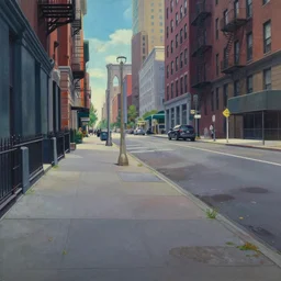 gouache matte painting!!! telephoto 4 0 0 mm flat perspective, new york walkway from left to right, empty street ground panorama, brooklyn in far distance, dramatic daytime, cinematic angle, studio ghibli, makoto shinkai, pixar painting, cinematic lighting, detailed gouache painting, hyperrealistic, 8 k